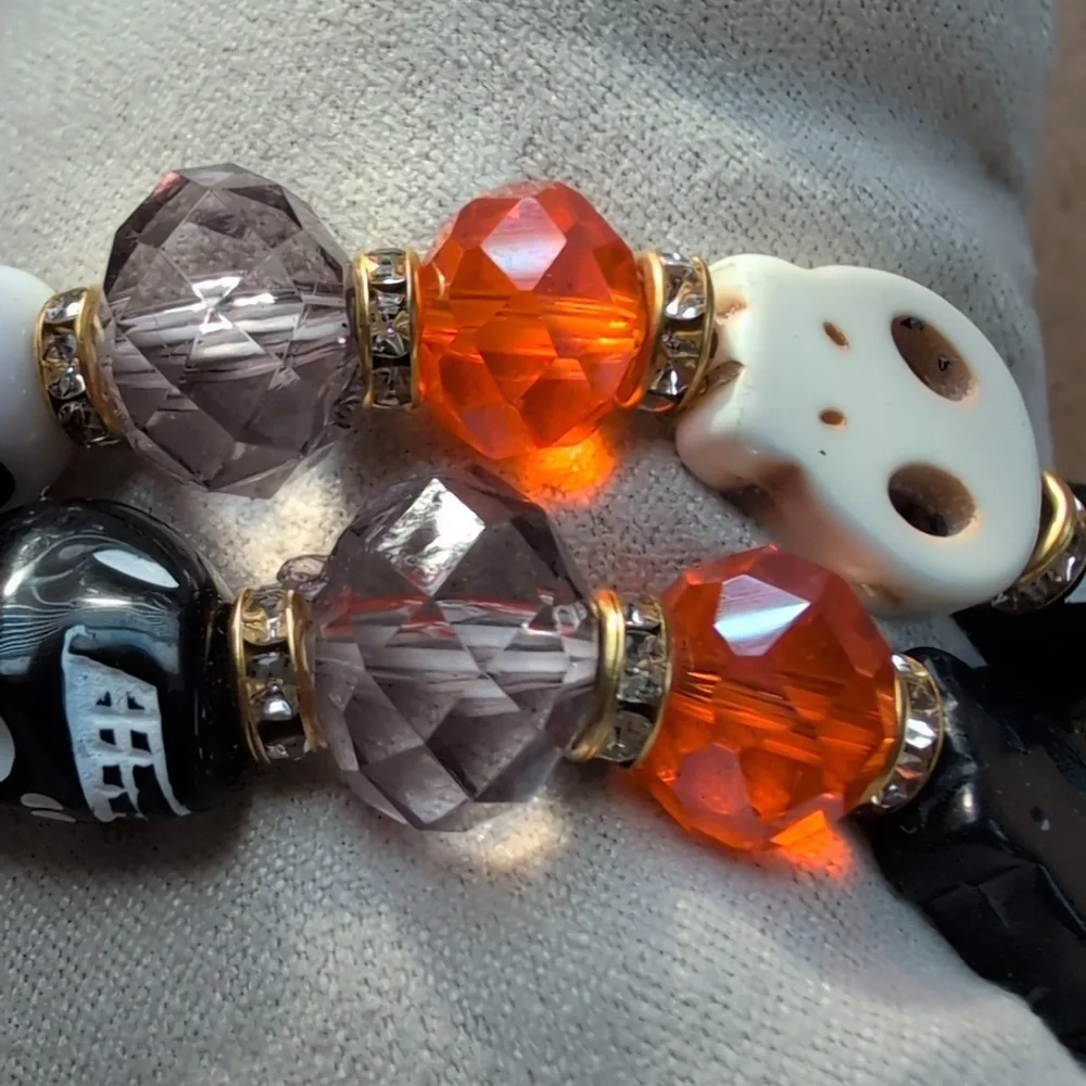 Halloween Gothic Skull Bead Bracelet Set - Black, White, Orange Set